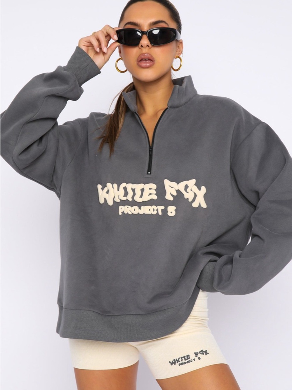 White Fox Boutique Project 5 Zip Front Sweater Volcanic with Cream Letters